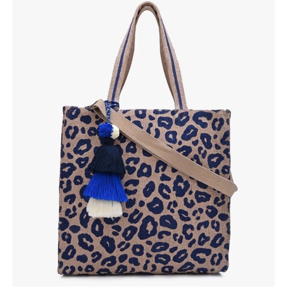 NWT America & Beyond Navy Leopard Jute Brown Tassel Crossbody Tote Bag